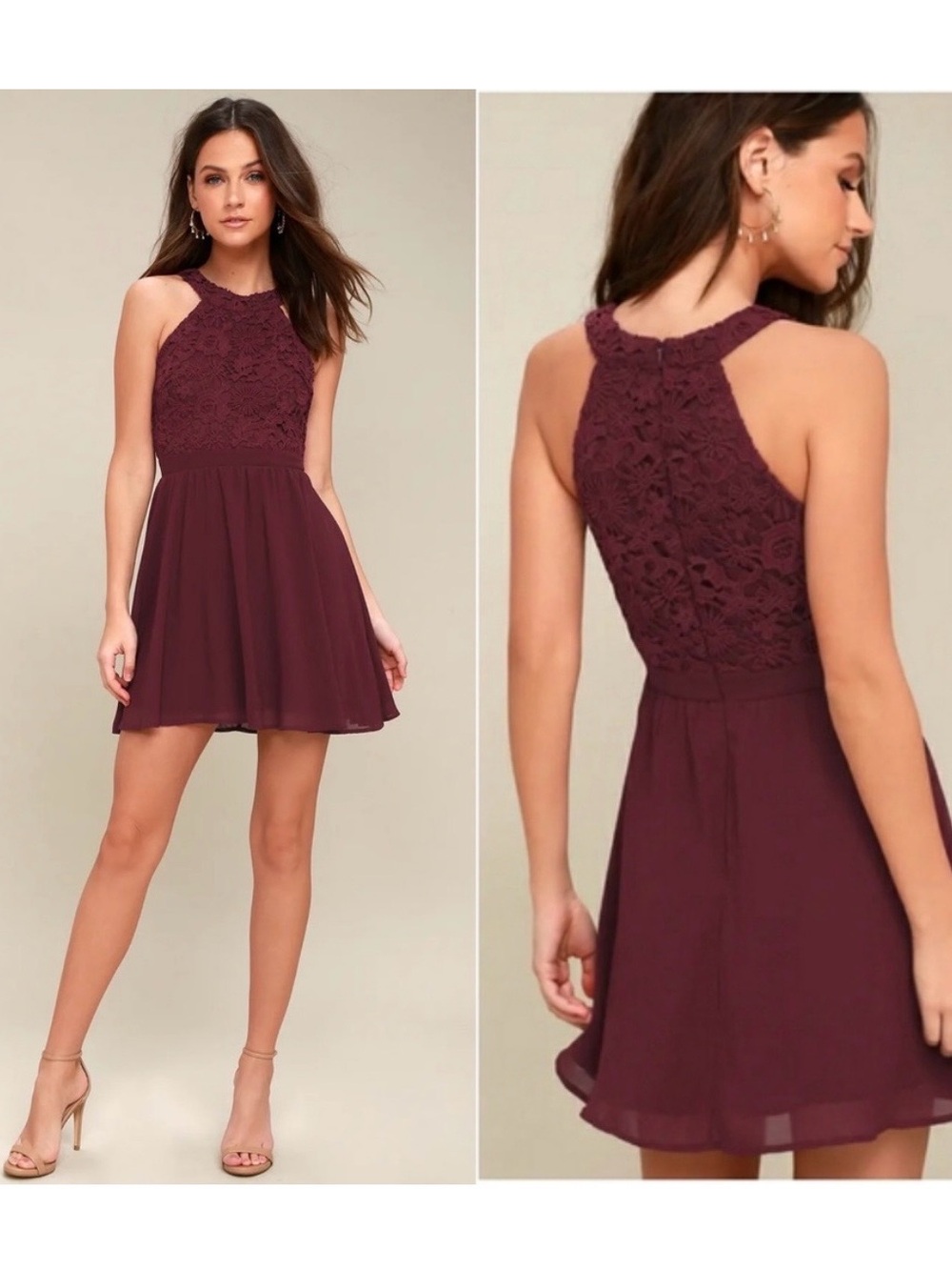 Lulu’s Lovers Game Burgundy Lace Skater Dress size medium party wedding guest